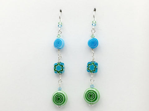 Sterling silver & white, aqua, green  glass millefiori and  circle beads dangle earrings