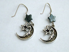 Sterling Silver crescent moon face & star dangle earrings- hematite, moons