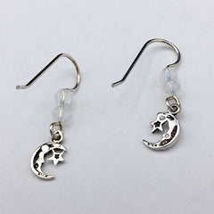 Sterling Silver small crescent moon face & star dangle earrings- moons, crystal