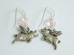 Pewter & Sterling silver Flying Pig dangle earrings-when pigs fly, swine, w/wing