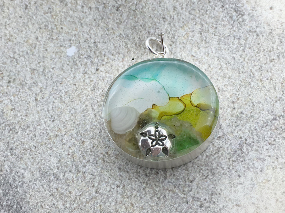 Sterling silver 25mm Round Pendant with Shells, Sand, Sea glass,  Sand Dollar, Surf City New Jersey Division Avenue Beach, tide pool, alcohol ink art, beach comber