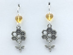 Pewter and Sterling silver honeycomb with bee dangle earrings-insect-bees-apiary