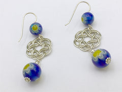 Sterling Silver Large Round Celtic Knot dangle earrings- Millefiori glass, blue
