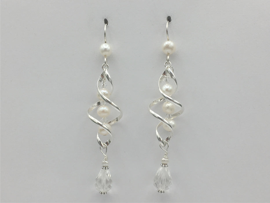 Sterling Silver long open twist drop Earrings- Celtic Knot, crystal, freshwater pearls, bridal