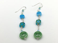 Sterling silver & white, aqua, green  glass millefiori and  circle beads dangle earrings