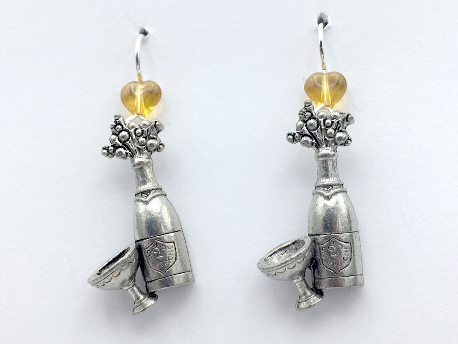 Pewter & sterling silver Champagne bottle & glass earrings- drinks, Bubbly,