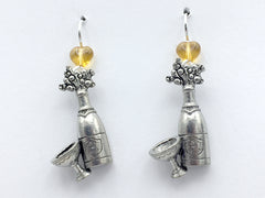 Pewter & sterling silver Champagne bottle & glass earrings- drinks, Bubbly,