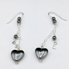 Sterling Silver and Hematite heart dangle earrings-love, key to my heart, hearts