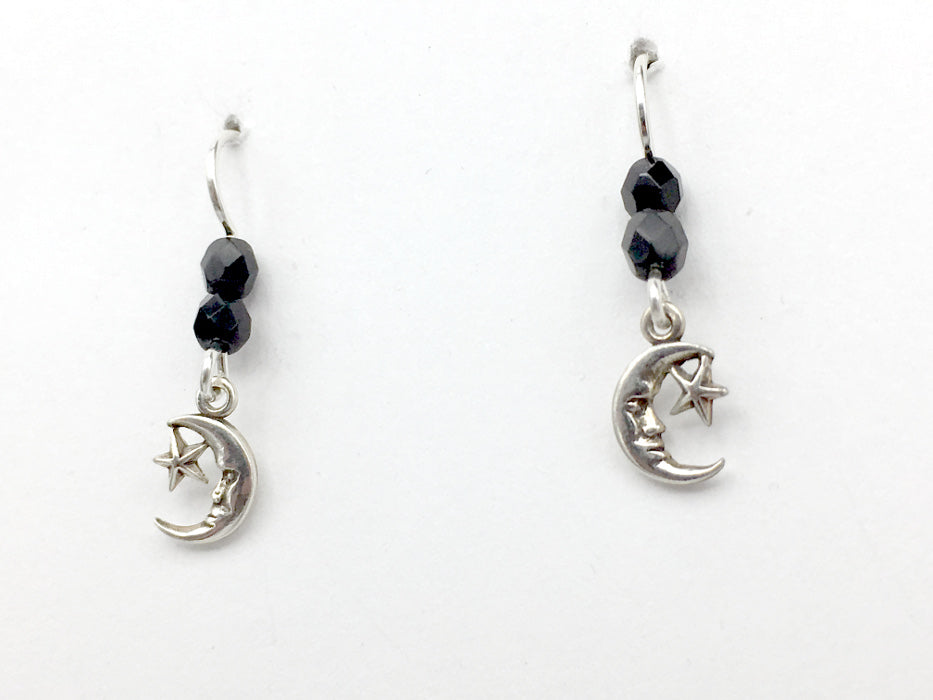 Sterling Silver small crescent moon face & star dangle earrings- moons, glass
