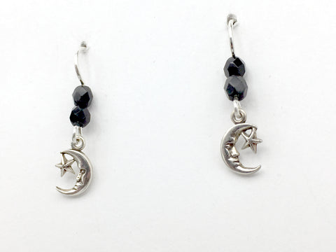 Sterling Silver small crescent moon face & star dangle earrings- moons, glass