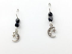 Sterling Silver small crescent moon face & star dangle earrings- moons, glass