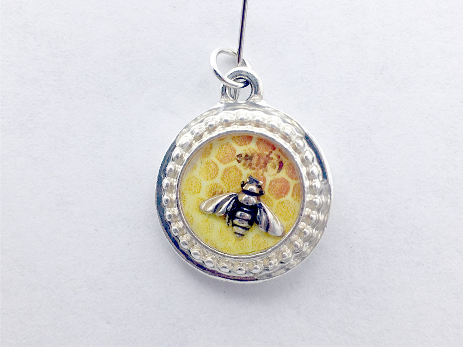 Pewter frame, sterling silver tiny bee with honey comb photo pendant-resin, bees