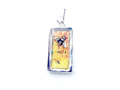 Pewter frame, honey comb print, sterling silver tiny bee pendant-resin, bees,