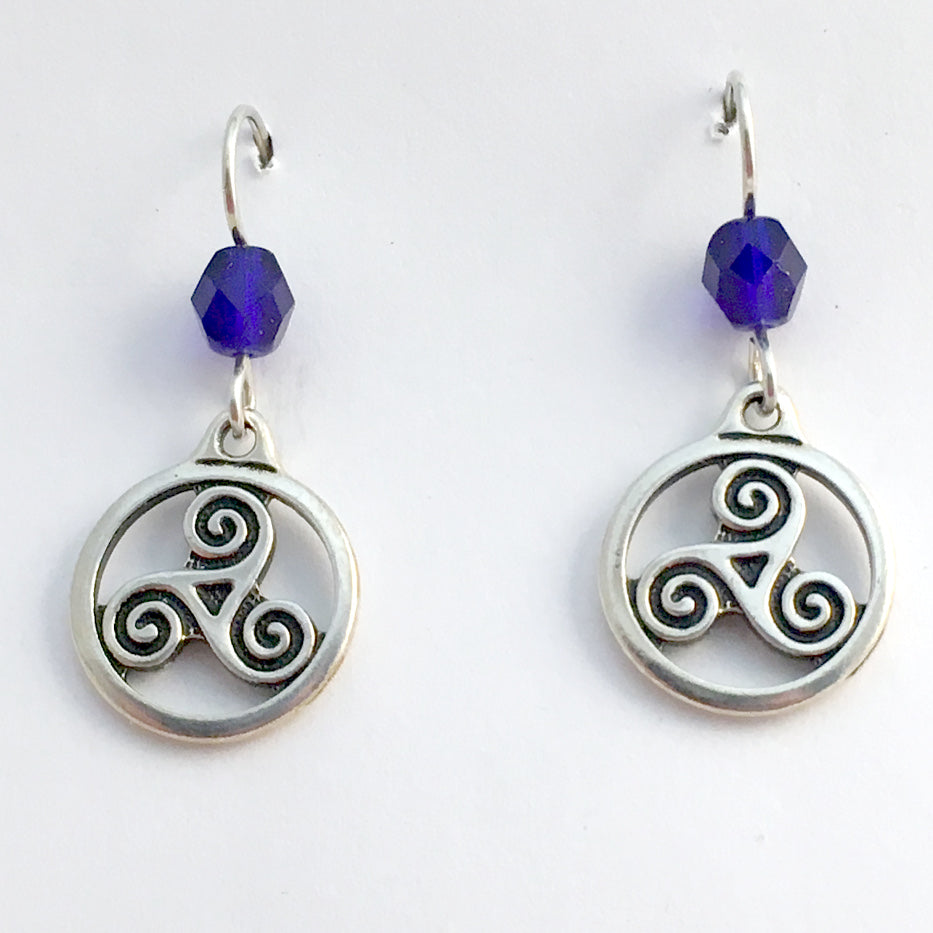 Pewter & Sterling Silver Triskelion in circle Celtic dangle Earrings-cobalt blue