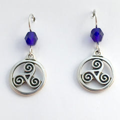 Pewter & Sterling Silver Triskelion in circle Celtic dangle Earrings-cobalt blue