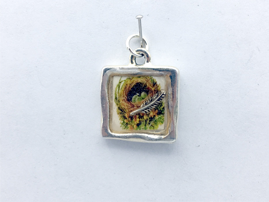 Pewter with bird nest print & sterling silver feather pendant-resin, eggs, birds