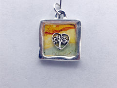 Pewter w/Sterling Silver tree in heart leaf pendant, alcohol ink, fall colors, leaves