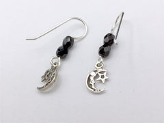 Sterling Silver small crescent moon face & star dangle earrings- moons, glass