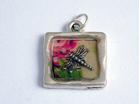 Pewter with floral print & sterling silver dragonfly pendant-resin, dragonflies