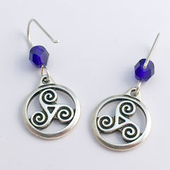 Pewter & Sterling Silver Triskelion in circle Celtic dangle Earrings-cobalt blue