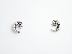 Sterling Silver and Surgical Steel Crescent Moon & Star stud earrings- man in the moon