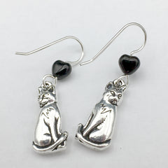 Pewter & Sterling Silver sitting Cat dangle Earrings-cats,feline,heart, kitty