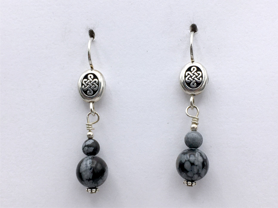 Pewter & Sterling Silver oval Celtic knot dangle Earrings-snowflake obsidian