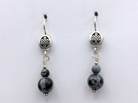 Pewter & Sterling Silver oval Celtic knot dangle Earrings-snowflake obsidian