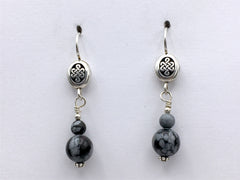 Pewter & Sterling Silver oval Celtic knot dangle Earrings-snowflake obsidian