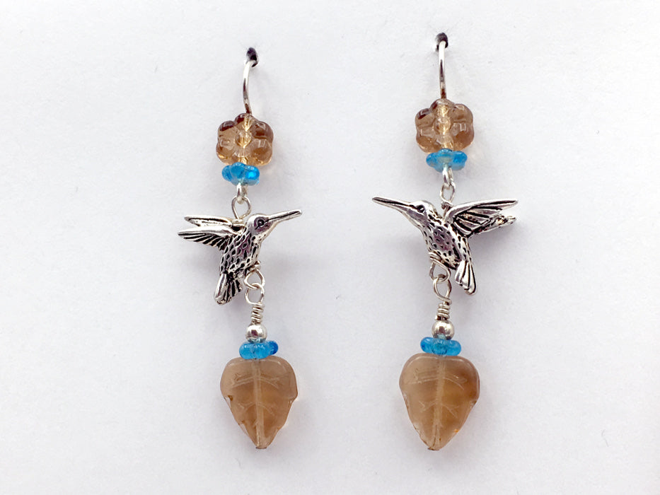 Pewter & Sterling silver hummingbird dangle earrings-brown, aqua glass, bird