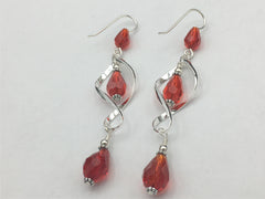 Sterling Silver long open twist drop Earrings- Celtic Knot, red orange crystal