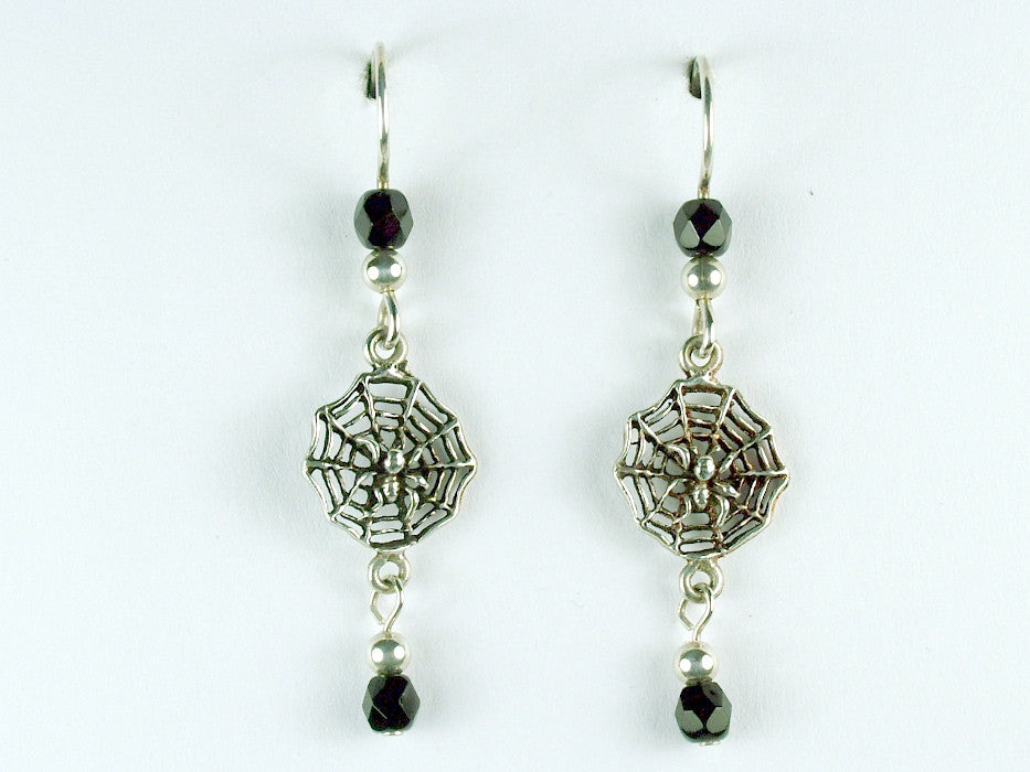 Sterling silver spider in web dangle earrings- Halloween-arachnid, spiders, webs