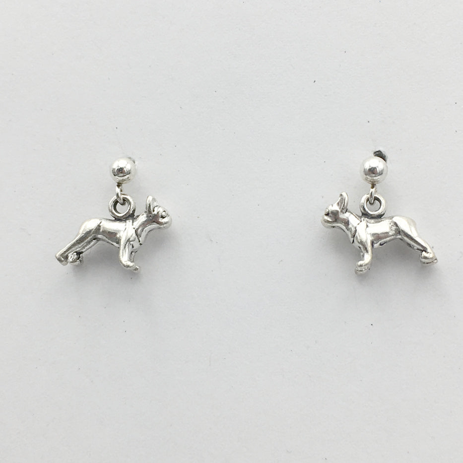 Sterling silver 3mm ball stud with tiny Boston Terrier dog dangle Earrings-dogs