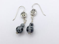 Pewter & Sterling Silver oval Celtic knot dangle Earrings-snowflake obsidian