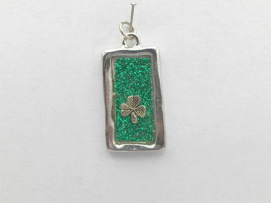 Pewter frame pendant sterling silver shamrock- emerald green glitter-resin Eire