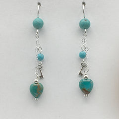 Sterling Silver and Turquoise heart dangle earrings-love, key to my heart, hearts
