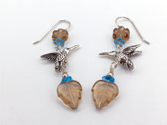 Pewter & Sterling silver hummingbird dangle earrings-brown, aqua glass, bird