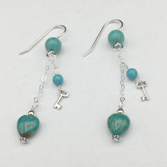 Sterling Silver and Turquoise heart dangle earrings-love, key to my heart, hearts