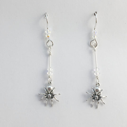 Sterling silver small spider with wire dangle earrings-arachnid, spiders,crystal