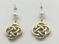 Gold tone Pewter &14k gf Celtic large Round Knot earrings- glass "pearls"