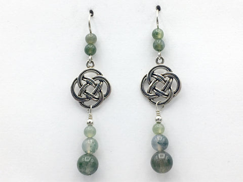 Sterling Silver Large Round Celtic Knot dangle earrings- Moss Agate, elegant