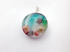 Sterling silver 25mm Round Pendant with Shells, Sand, Sea glass, Rocks, Starfish, Cayman Islands, tide pool,  beach comber