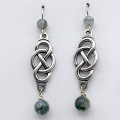 Pewter & sterling silver Infinity symbol with circle dangle earrings- moss agate
