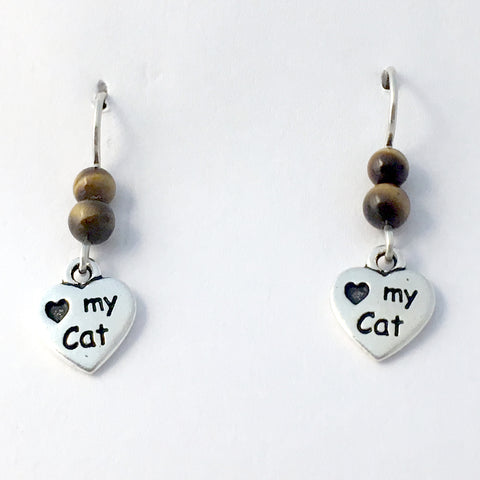 Pewter & Sterling Silver Love Heart My Cat dangle Earrings-cats,feline, paw