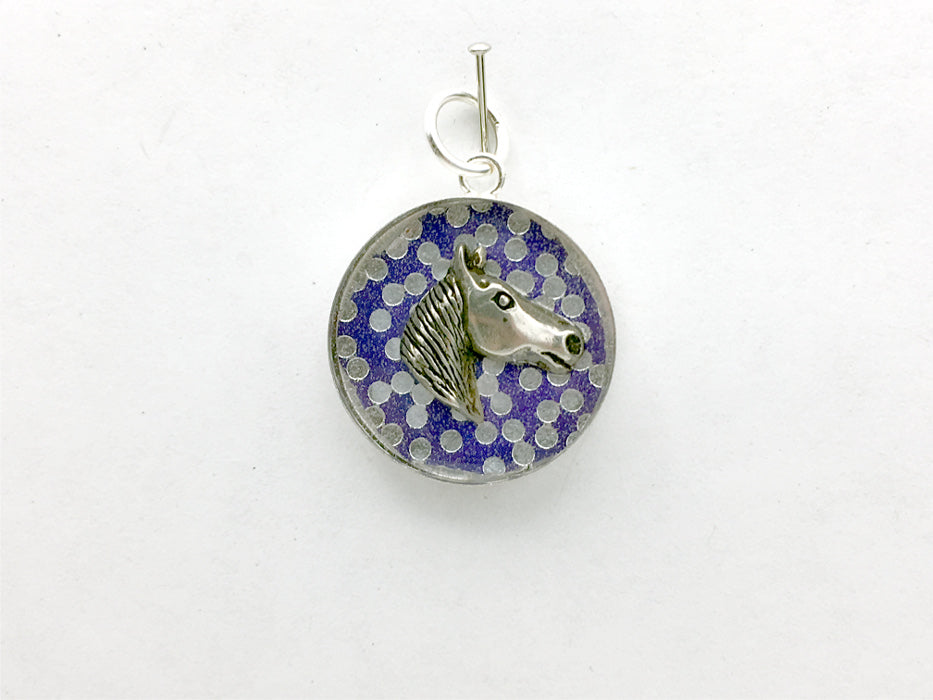 Sterling silver 20mm Round Pendant with Horse Head, horses, equine, blue