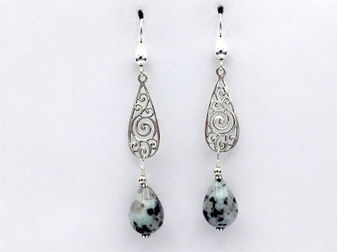 Sterling Silver teardrop Spiral and filigree Earrings- spirals, Sesame Jasper, Celtic
