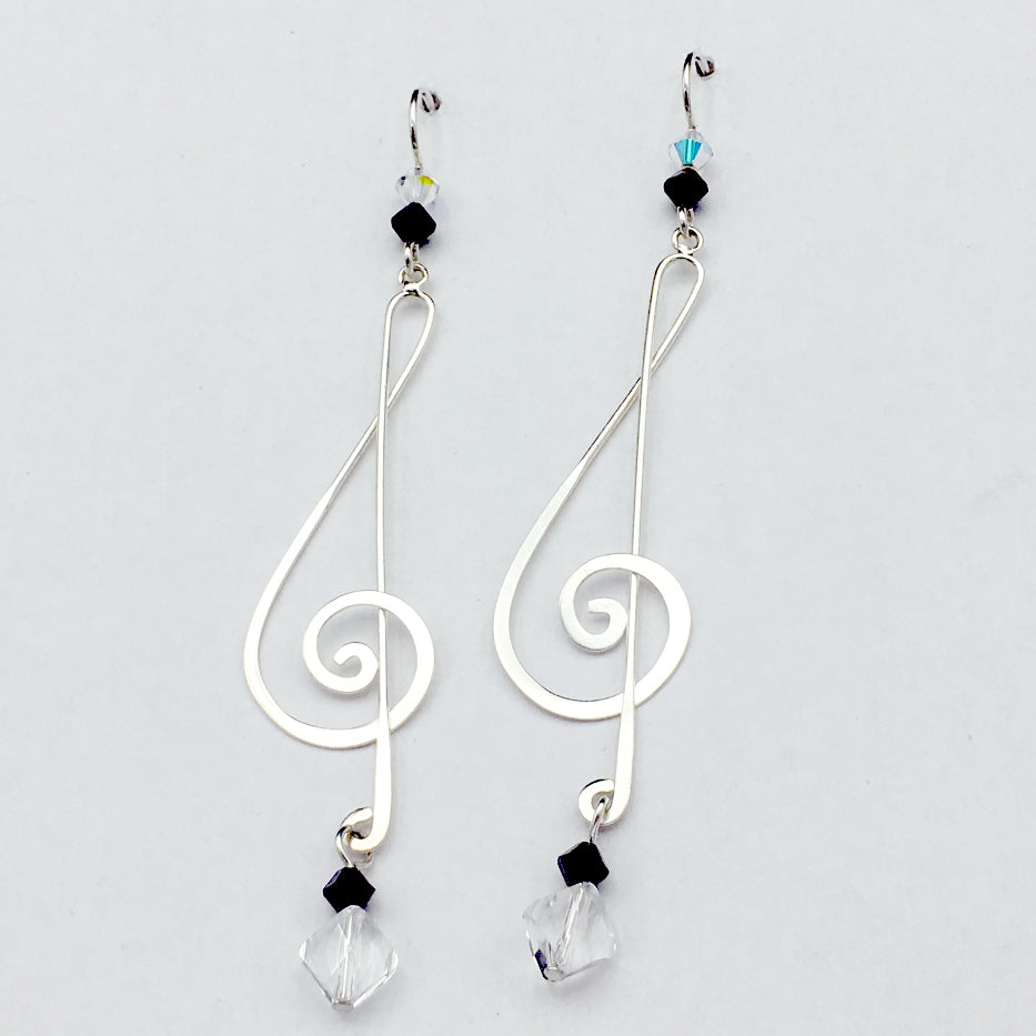 Sterling Silver long Treble Clef dangle earrings-crystal, music, musician,3 1/2"