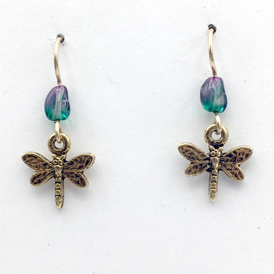 Goldtone Pewter small Dragonfly dangle earring-14kgf earwire,insects,dragonflies