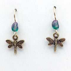 Goldtone Pewter small Dragonfly dangle earring-14kgf earwire,insects,dragonflies