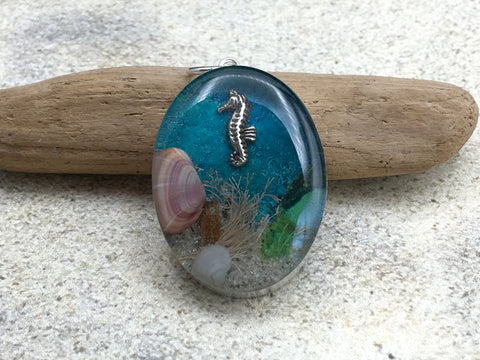 Sterling silver 30mmx 22mm Oval Pendant with Shell, Shells, sea horse, Sea glass,  sea plants, Naples, Florida shore, tide pool,  alcohol ink art,  beach comber